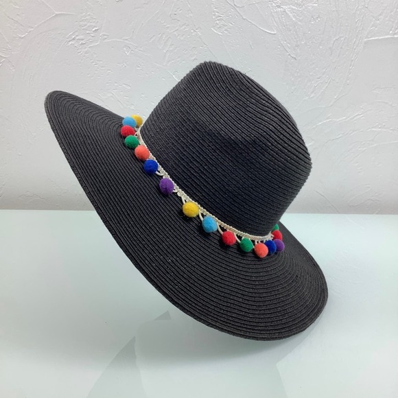 Sun N Sand Wide Rim Pom Pom Multicolor Black Straw Hat Size OSFM 22” EUC - Picture 2 of 12